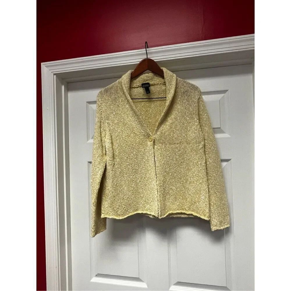 Eileen Fisher Yellow & White Shaw Collar Single Button Cardigan Sweater sz S EUC